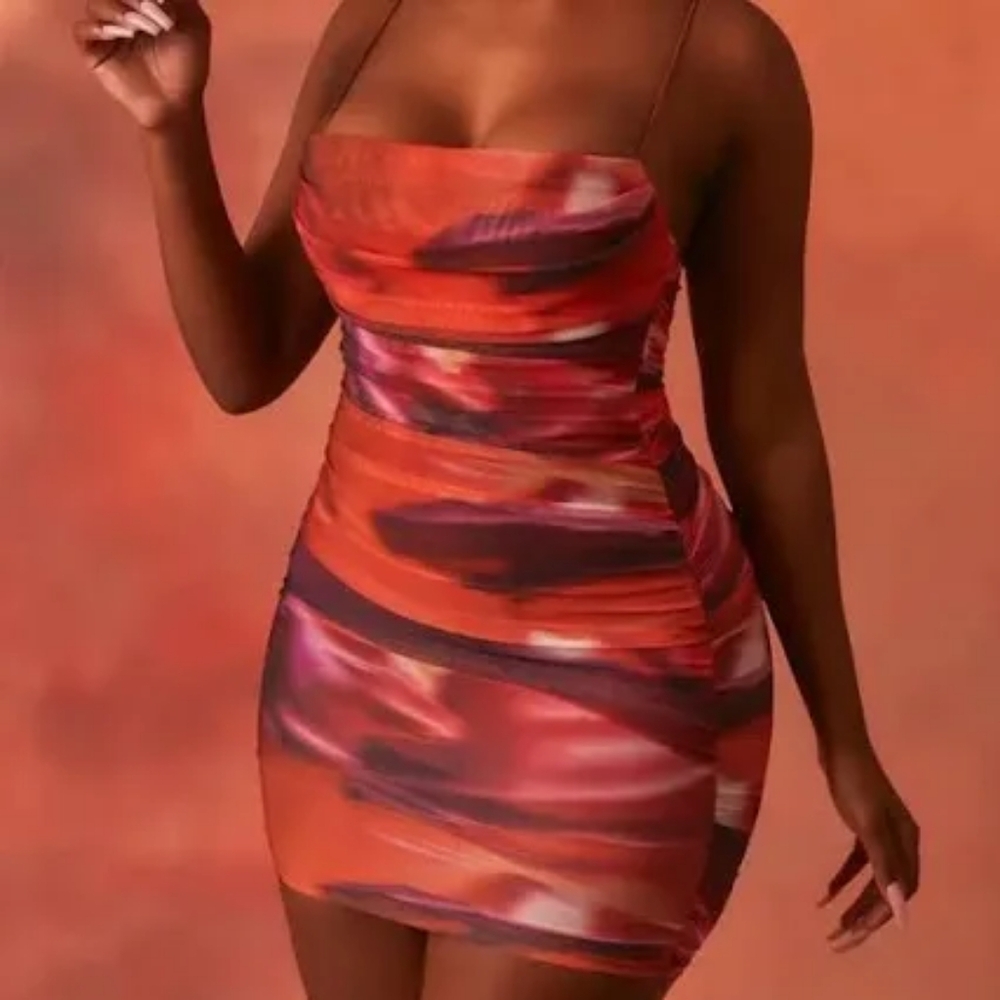 Oh Polly- Orange Lunar Sleeveless Bodycon Ruched Mesh Mini Dress